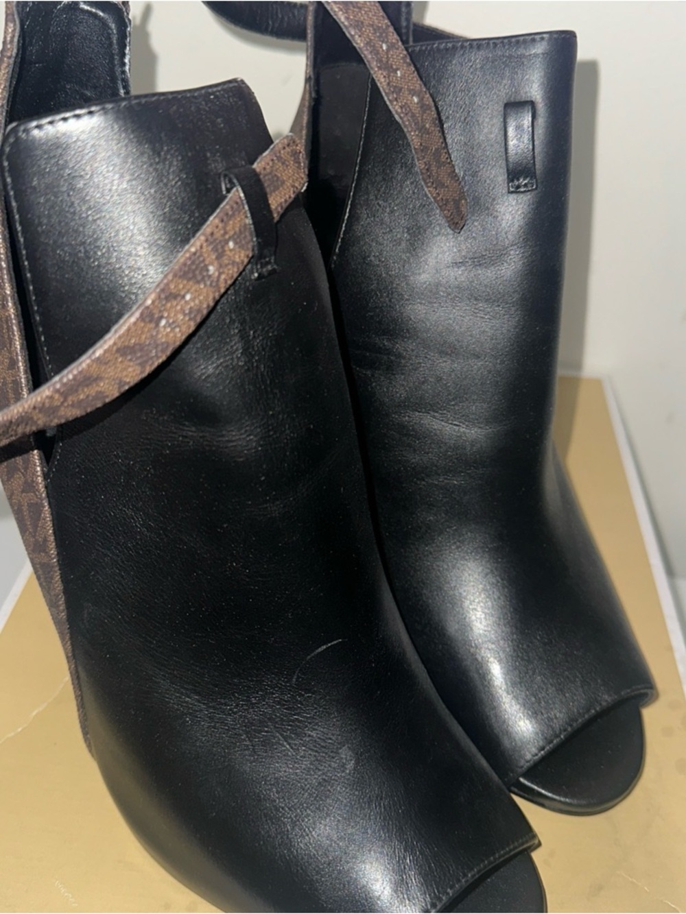 Michael Kors Black & Brown Logo-Accent Peep Toe Ankle Booties - Picture 4 of 6